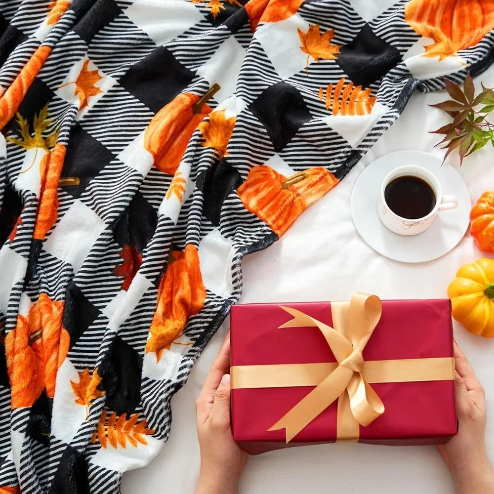 Pumpkin Leaf Fall Plaid Throw Blanket -Cozy 50